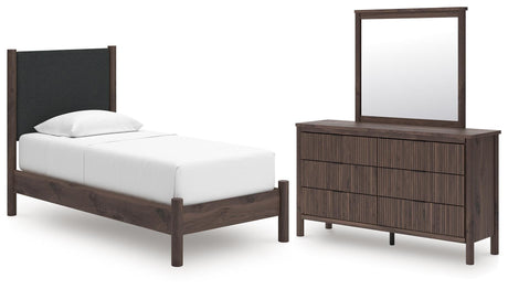 Pamytta Brown Upholstered Platform Bedroom Set Twin 3: Bed, Dresser, Mirror from Decor Furniture