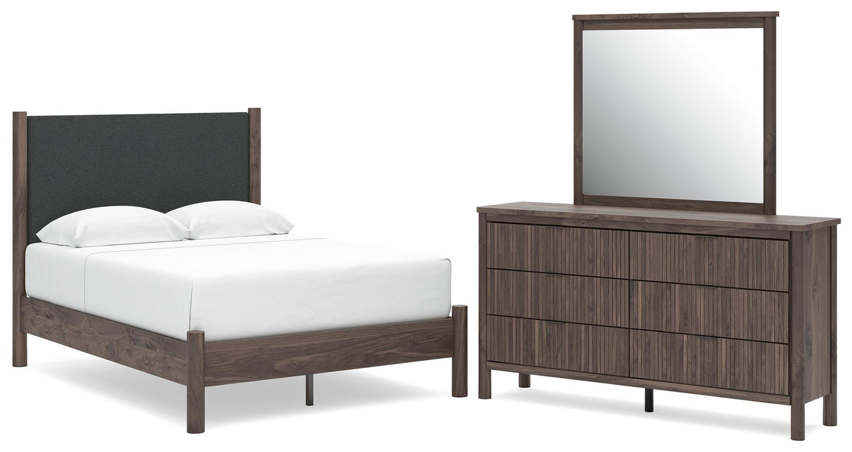 Pamytta Brown Upholstered Platform Bedroom Set Full 3: Bed, Dresser, Mirror from Decor Furniture