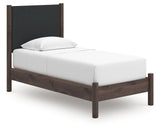 Pamytta twin upholstered panel platform bed side perspective