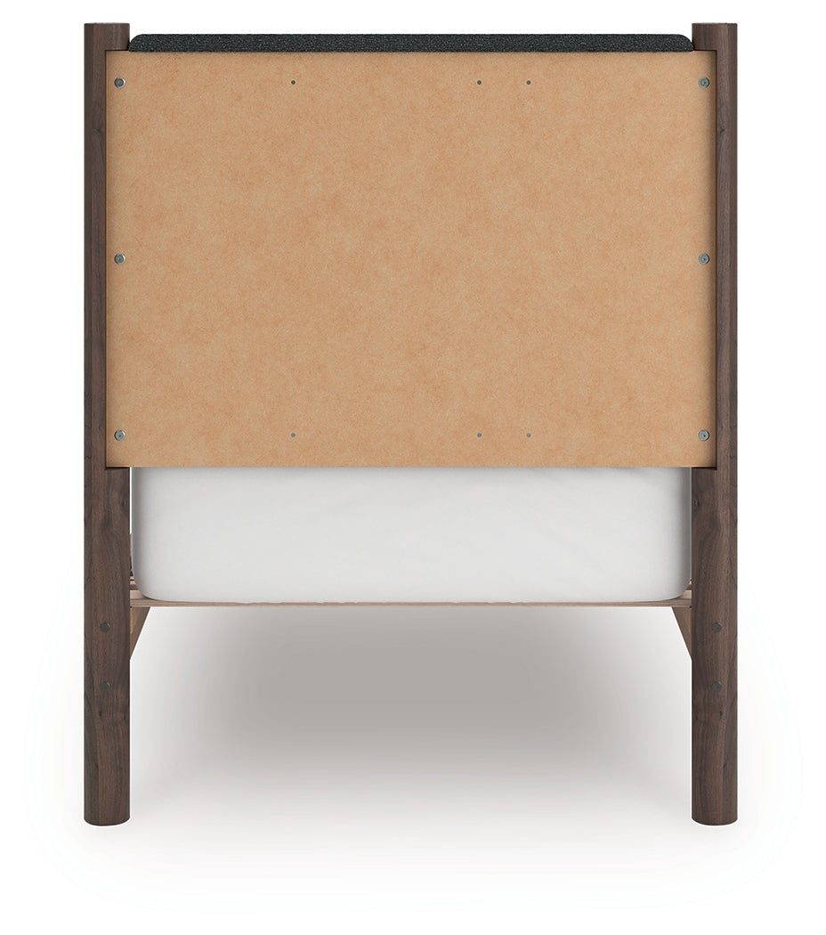 Back view of Pamytta twin upholstered panel bed