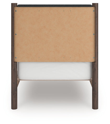 Back view of Pamytta twin upholstered panel bed