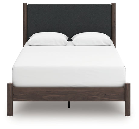 Front view of Pamytta Brown Queen Upholstered Panel Platform Bed