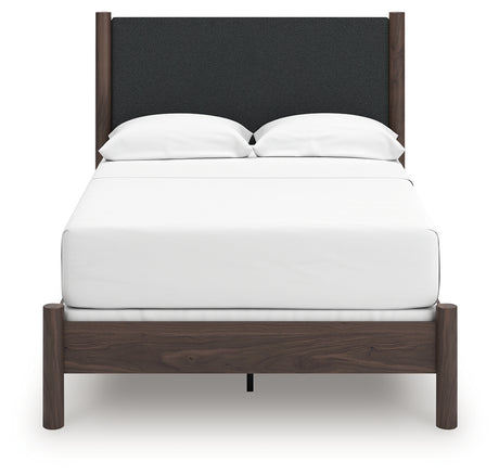 Pamytta brown full upholstered panel bed head-on view