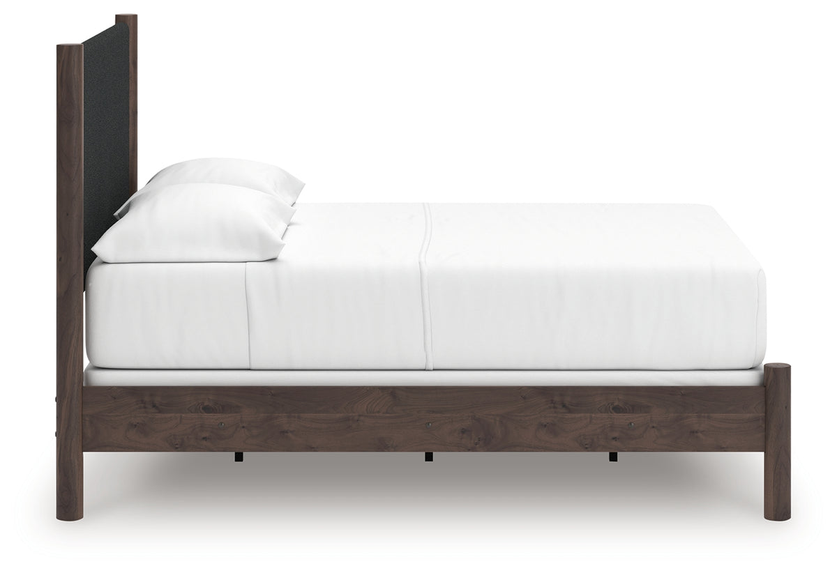 Pamytta brown full upholstered panel bed side profile view