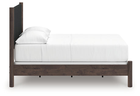 Pamytta brown full upholstered panel bed side profile view