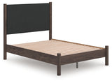 Pamytta brown full upholstered panel platform bed angled view