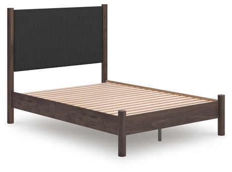 Pamytta brown full upholstered panel platform bed angled view