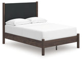 Pamytta brown full upholstered panel platform bed angled front view