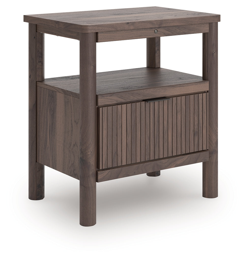 Pamytta nightstand angled side view highlighting reeded accents