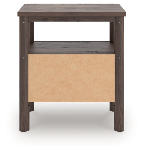 Back view of Pamytta nightstand with power cord connection