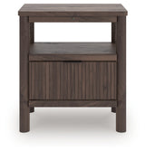 Pamytta brown nightstand front view showing drawer and shelf