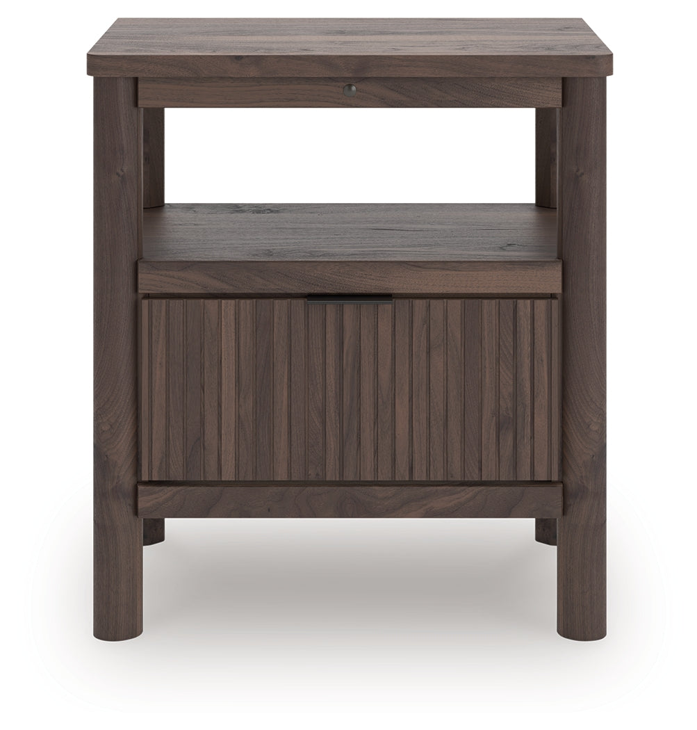 Pamytta brown nightstand front view showing drawer and shelf