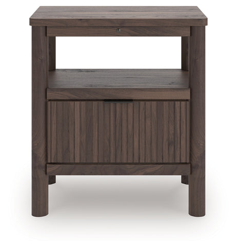 Pamytta brown nightstand front view showing drawer and shelf