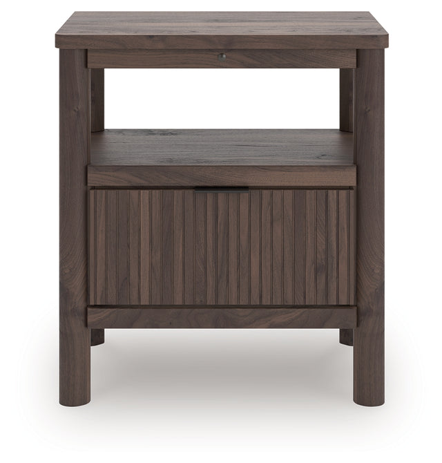 Pamytta brown nightstand front view showing drawer and shelf