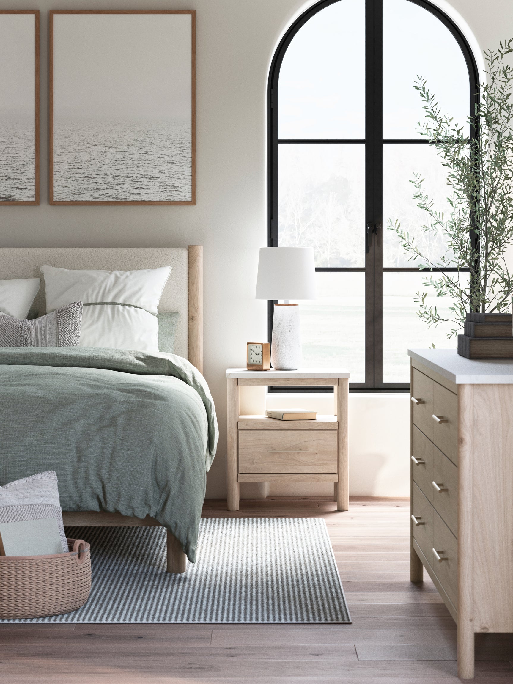 Cadmori nightstand with accessories and lighting on