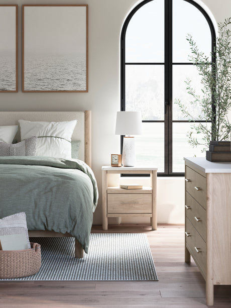 Cadmori nightstand with accessories and lighting on