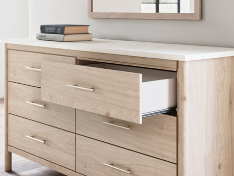 Cadmori drawer detail showing champagne handle and faux linen interior