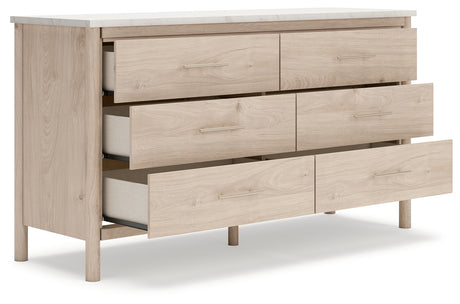 Cadmori Two-Tone Dresser open drawer showing faux linen interior