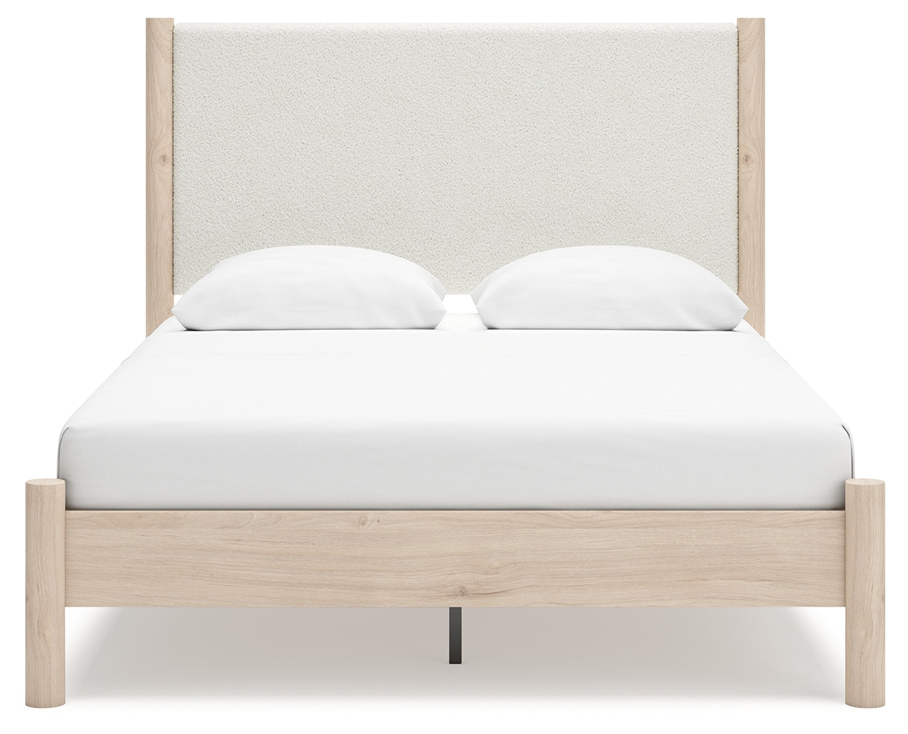 Cadmori bed rear view showing upholstery and wood finish