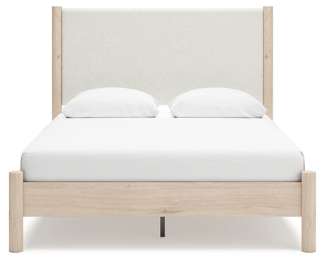 Cadmori bed rear view showing upholstery and wood finish
