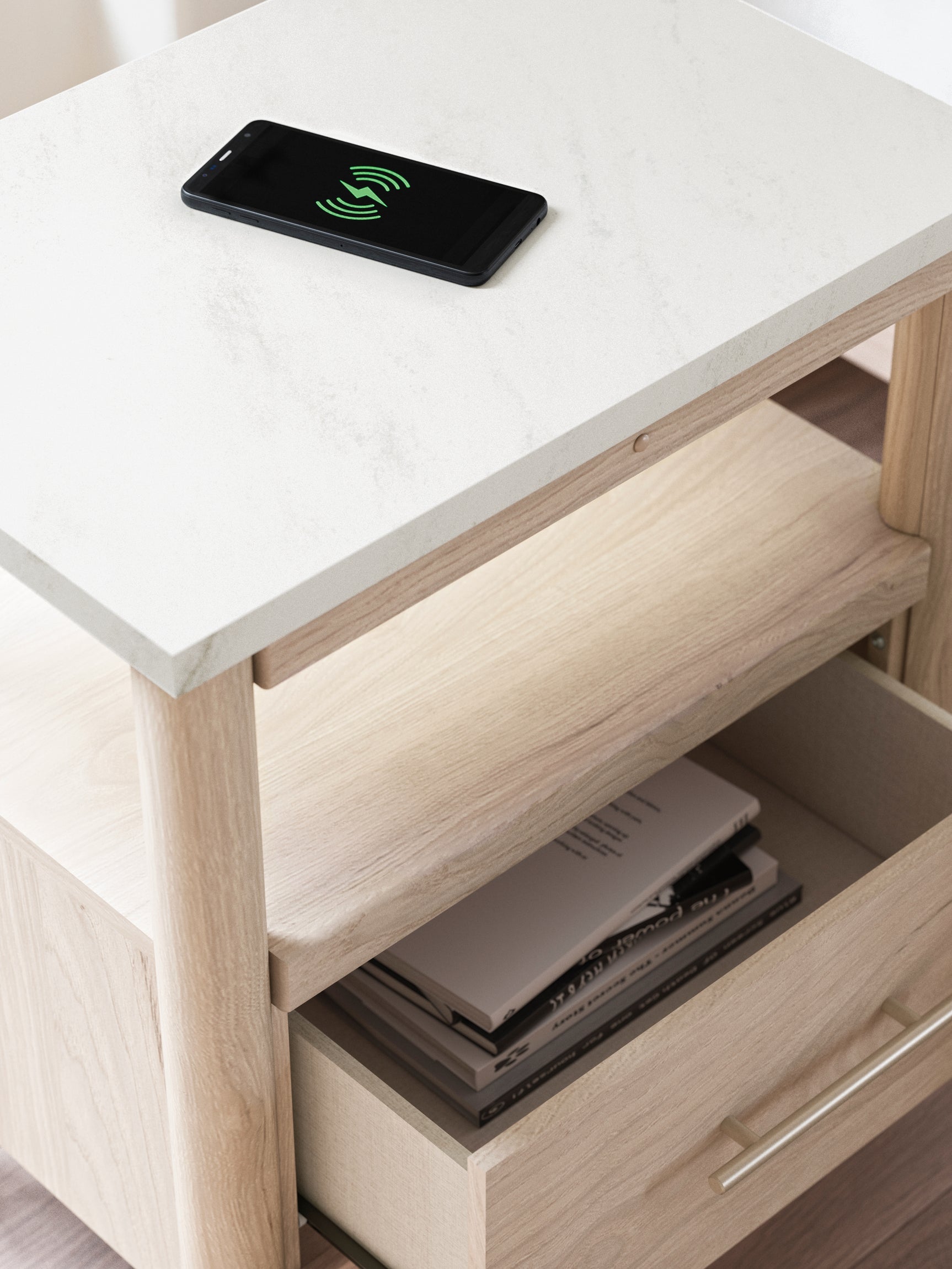 Nightstand illuminated with ambient lighting on