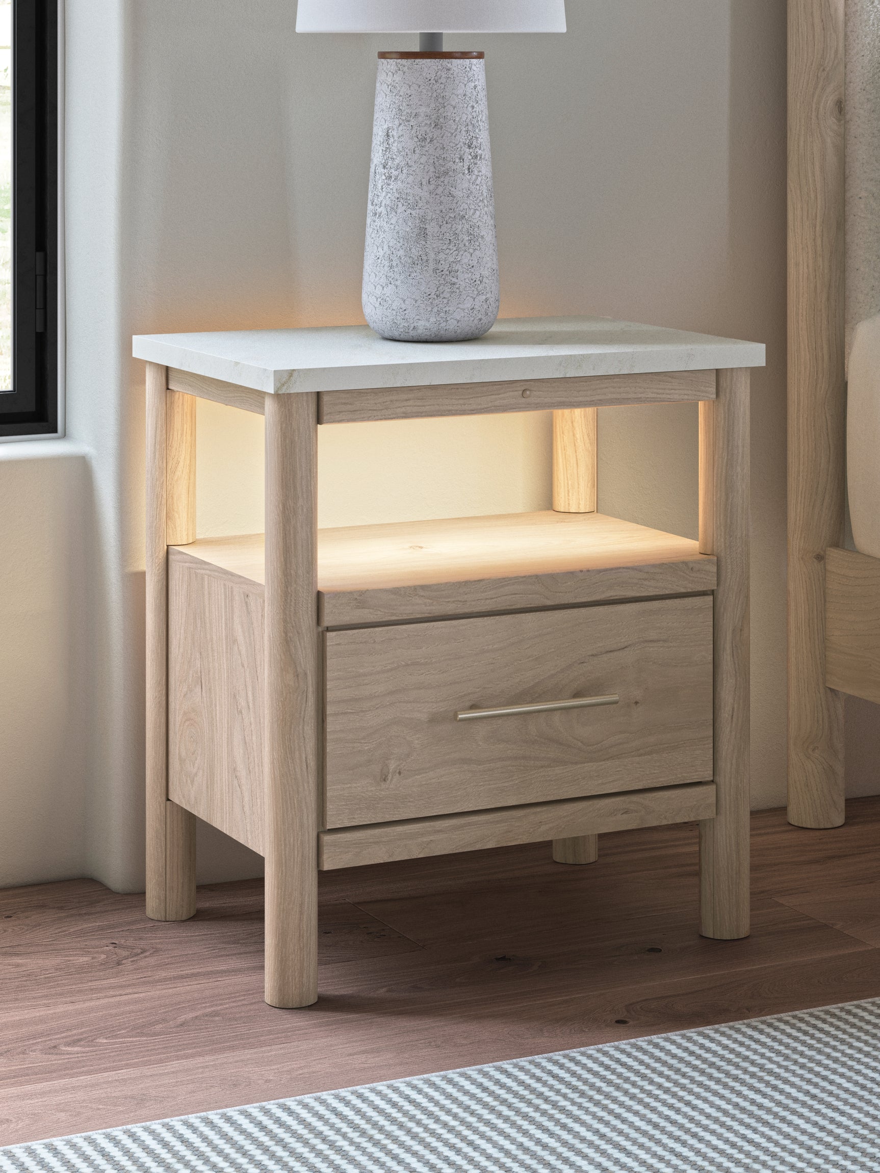 Cadmori Nightstand styled in bedroom setting