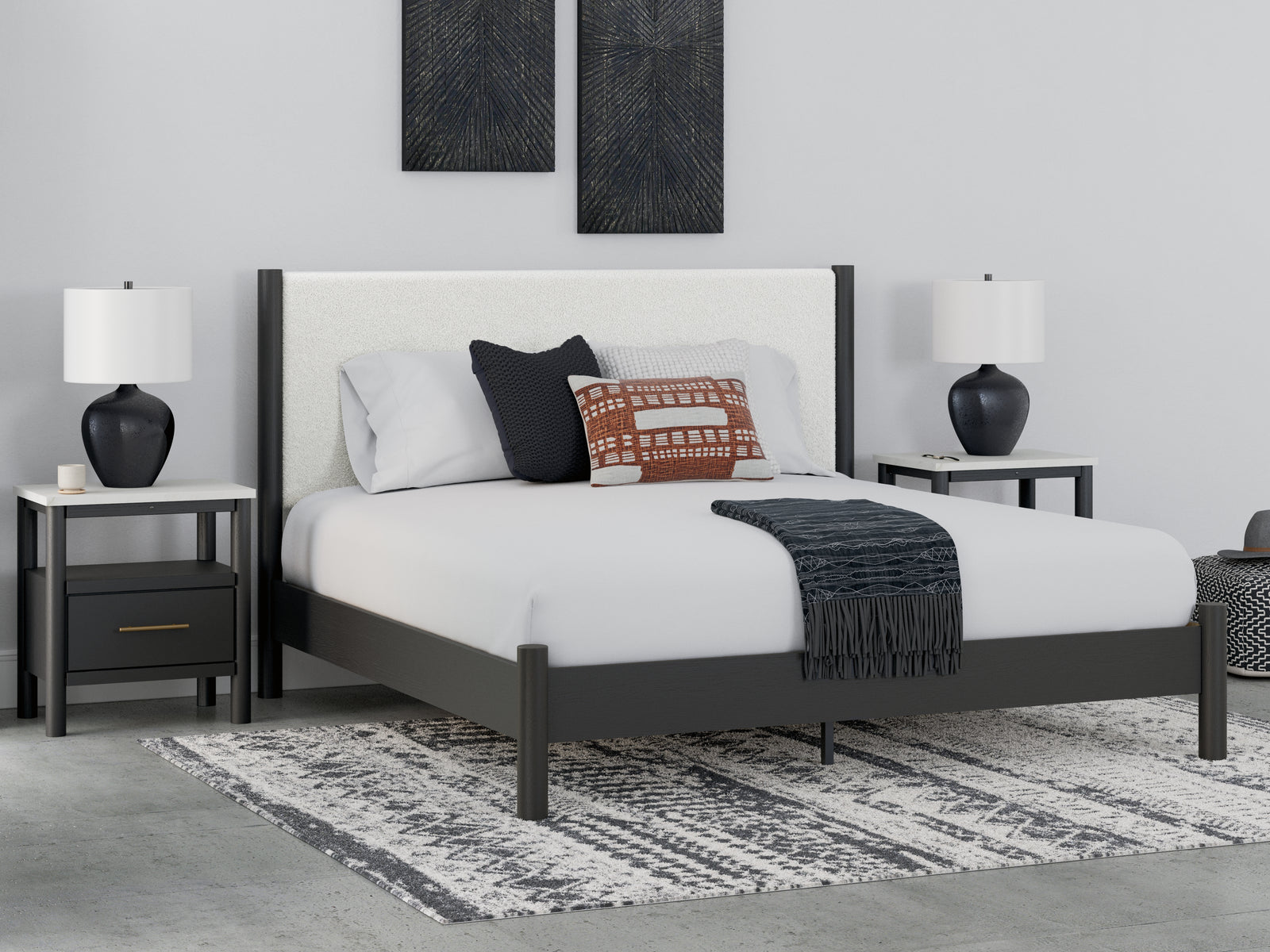 Cadmori Black White King Upholstered Panel Bed