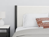 Cadmori Full Upholstered Panel Bed in black matte frame with white upholstery, front angle view