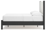 Cadmori Full Upholstered Panel Bed in black matte frame with white upholstery, front angle view