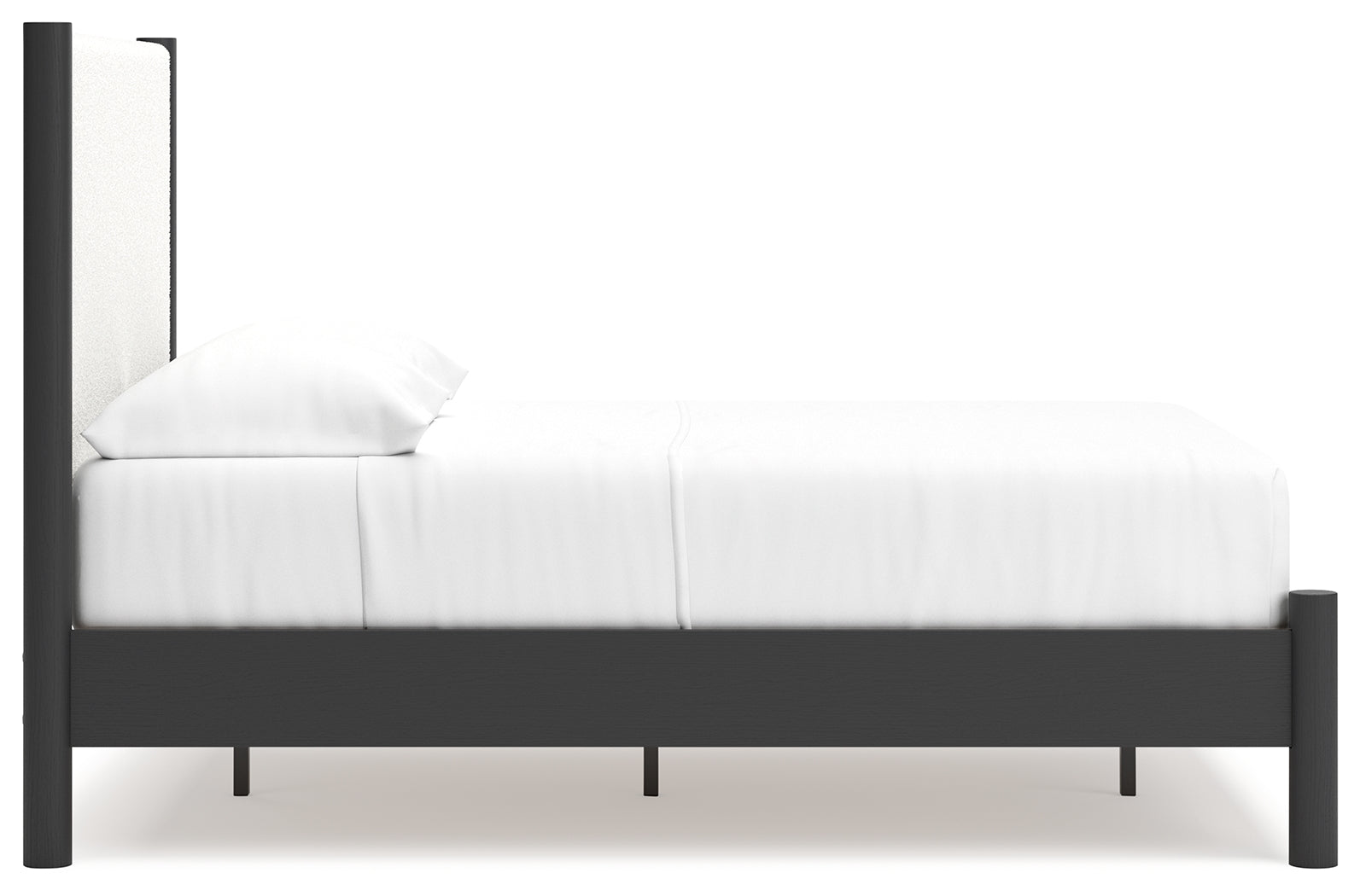 Cadmori Full Upholstered Panel Bed in black matte frame with white upholstery, front angle view