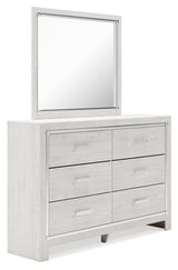 Altyra White Dresser and Mirror showing open drawers