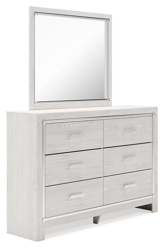 Altyra White Dresser and Mirror showing open drawers