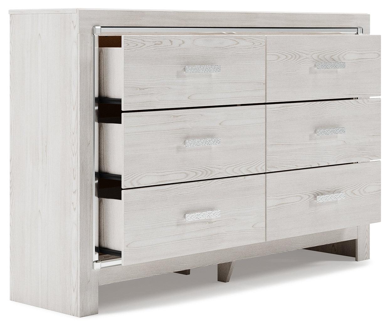 Altyra White Dresser drawer opened showing faux linen lining