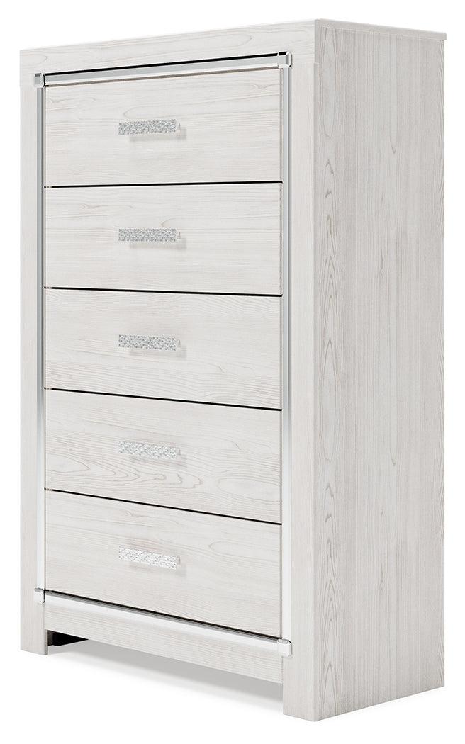 Altyra White Chest of Drawers front view highlighting mosaic chrome handles