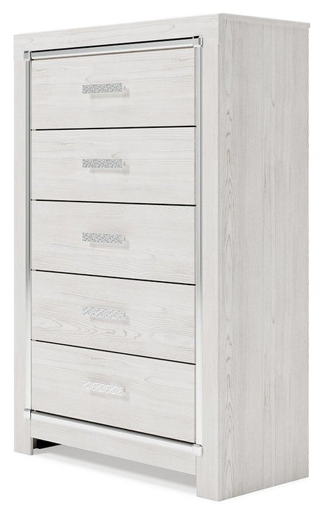 Altyra White Chest of Drawers front view highlighting mosaic chrome handles