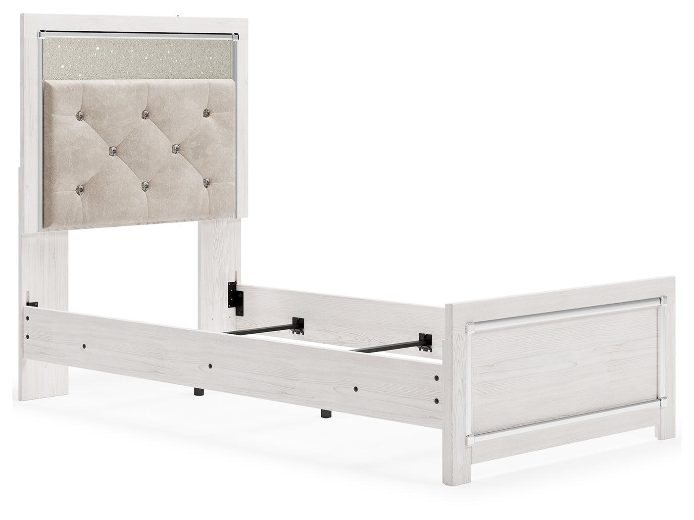 Altyra White Queen Panel Bed headboard close-up showing upholstery and glitter accents