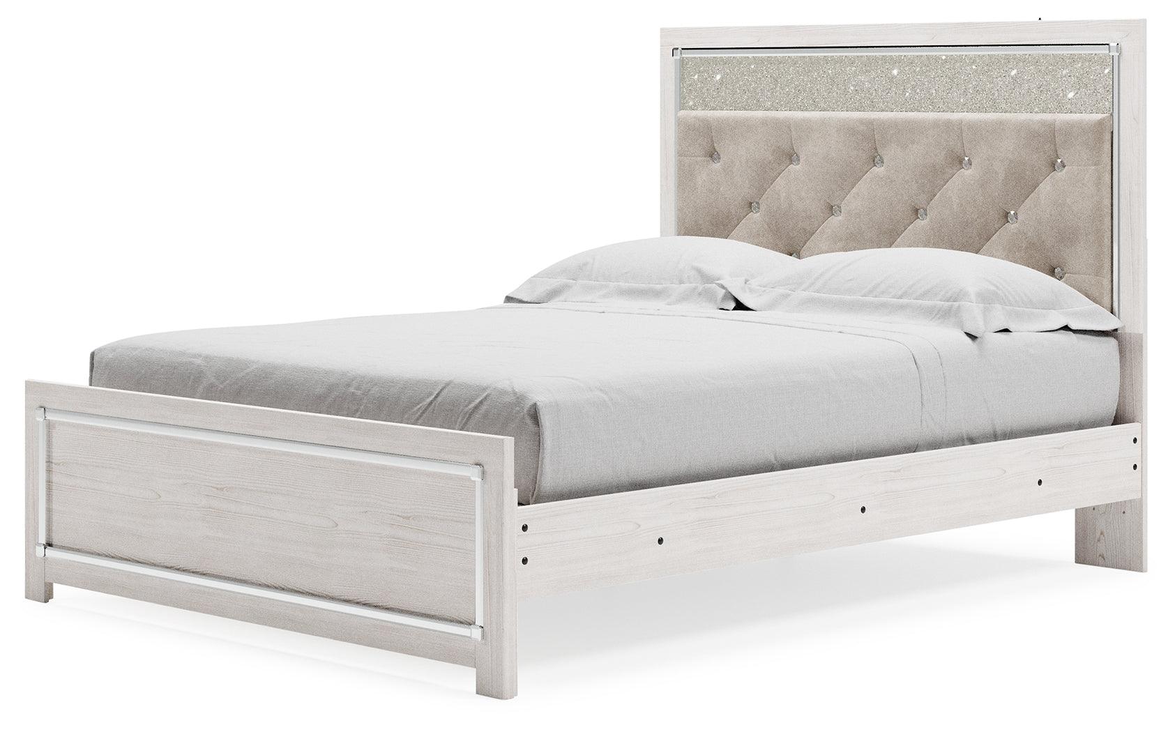 Altyra White Queen Upholstered Panel Bed LED lighting detail