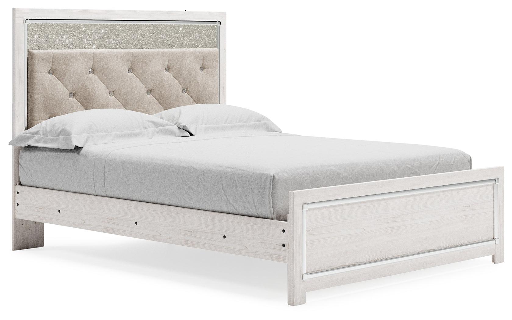 Altyra White Queen Upholstered Panel Bed side angle