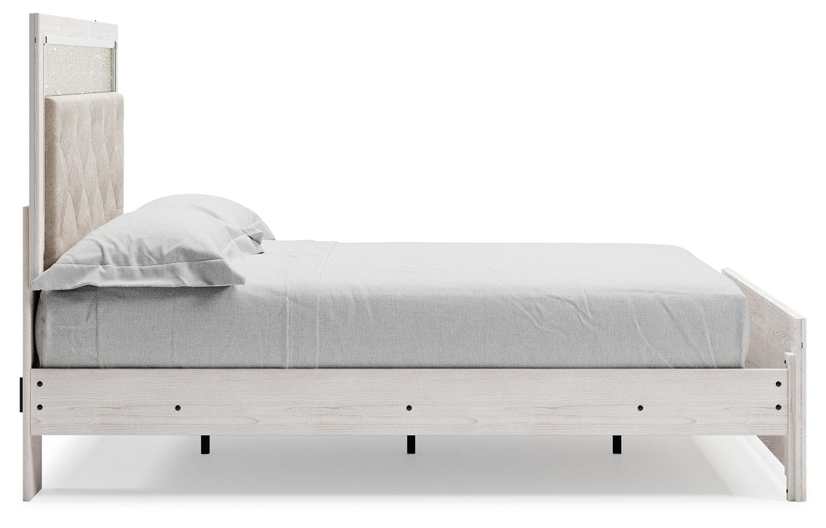 Altyra White Queen Upholstered Panel Bed side profile