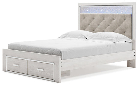 Altyra White Queen Upholstered Storage Bed angled alternative side view