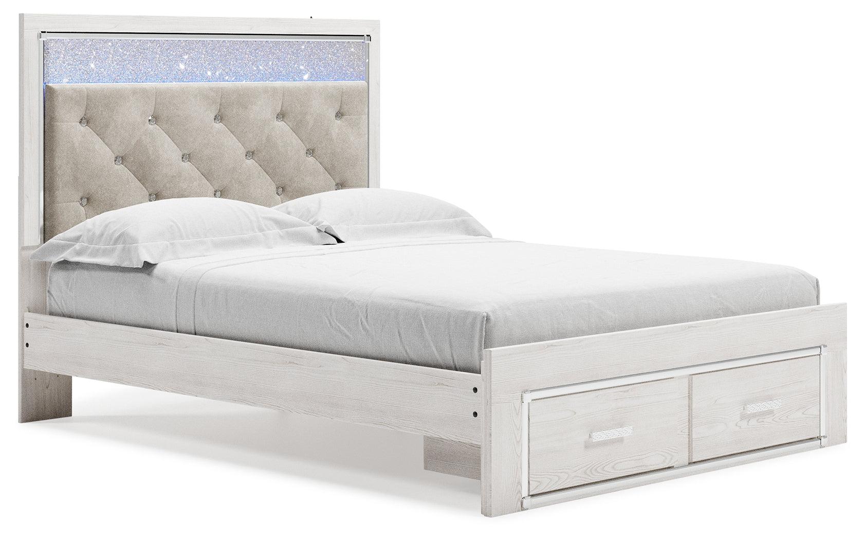 Altyra White Queen Upholstered Storage Bed angled side view