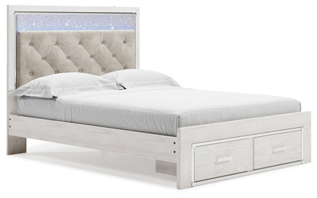 Altyra White Queen Upholstered Storage Bed angled side view