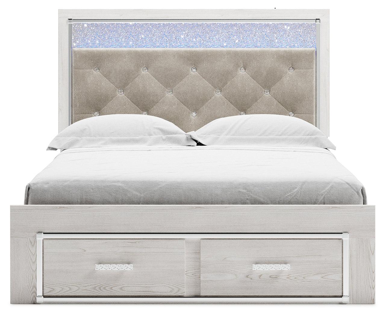 Altyra White Queen Upholstered Storage Bed headboard close-up