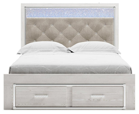 Altyra White Queen Upholstered Storage Bed headboard close-up