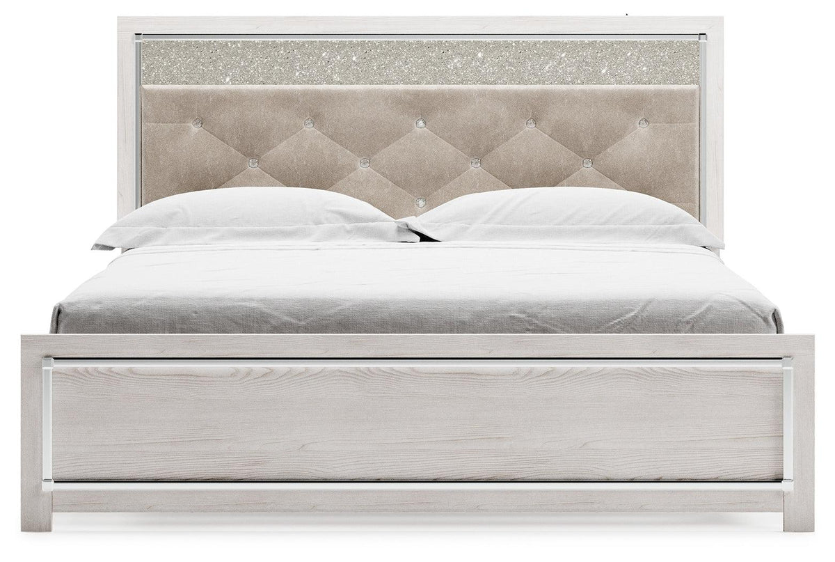 Altyra White King Panel Bed - head-on view showing button tufting