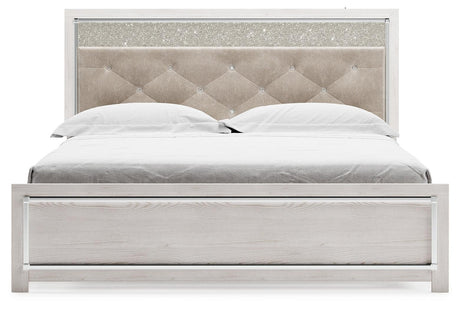 Altyra White King Panel Bed - head-on view showing button tufting