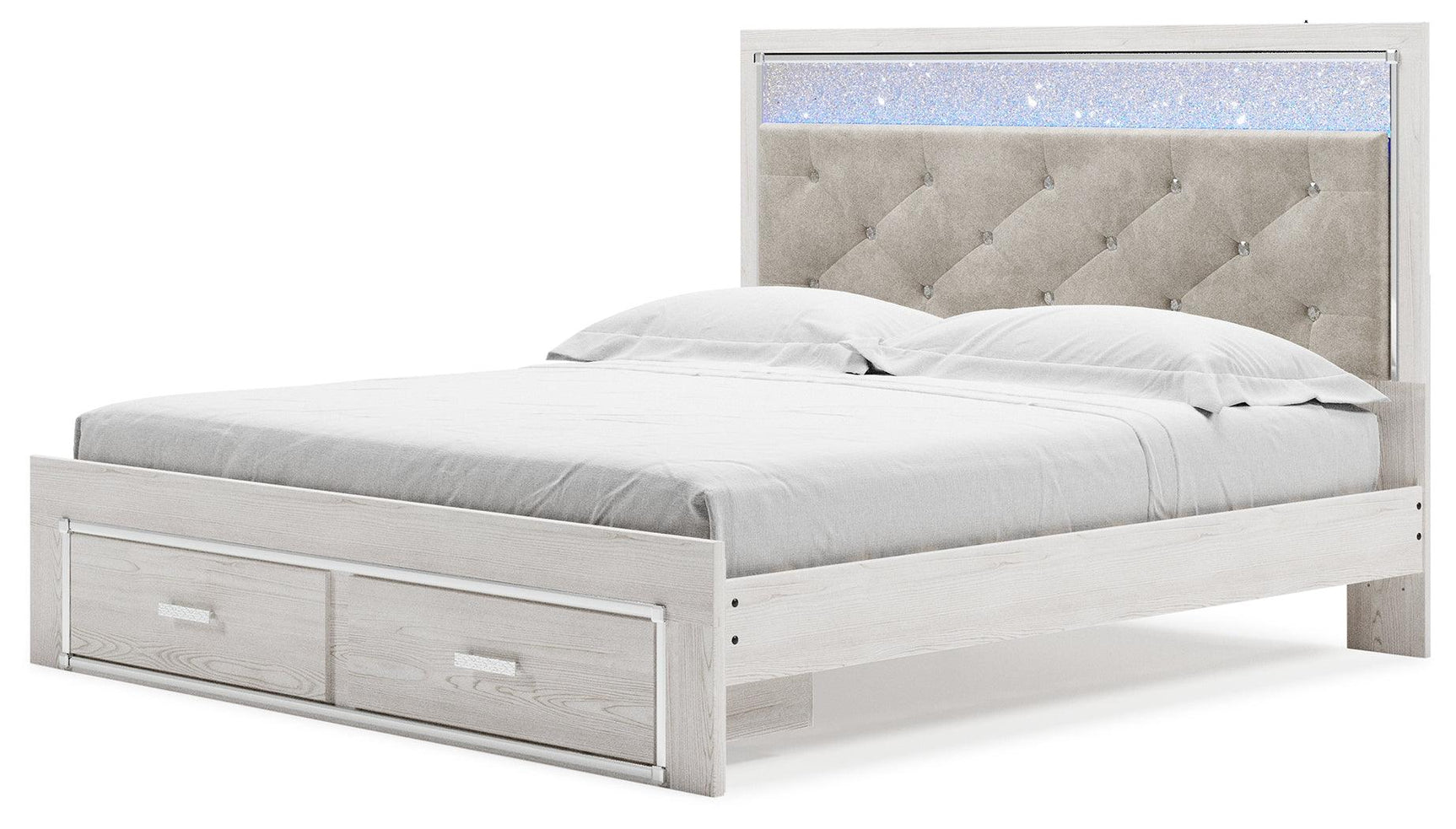 Close-up of tufted upholstered headboard on Altyra Bed