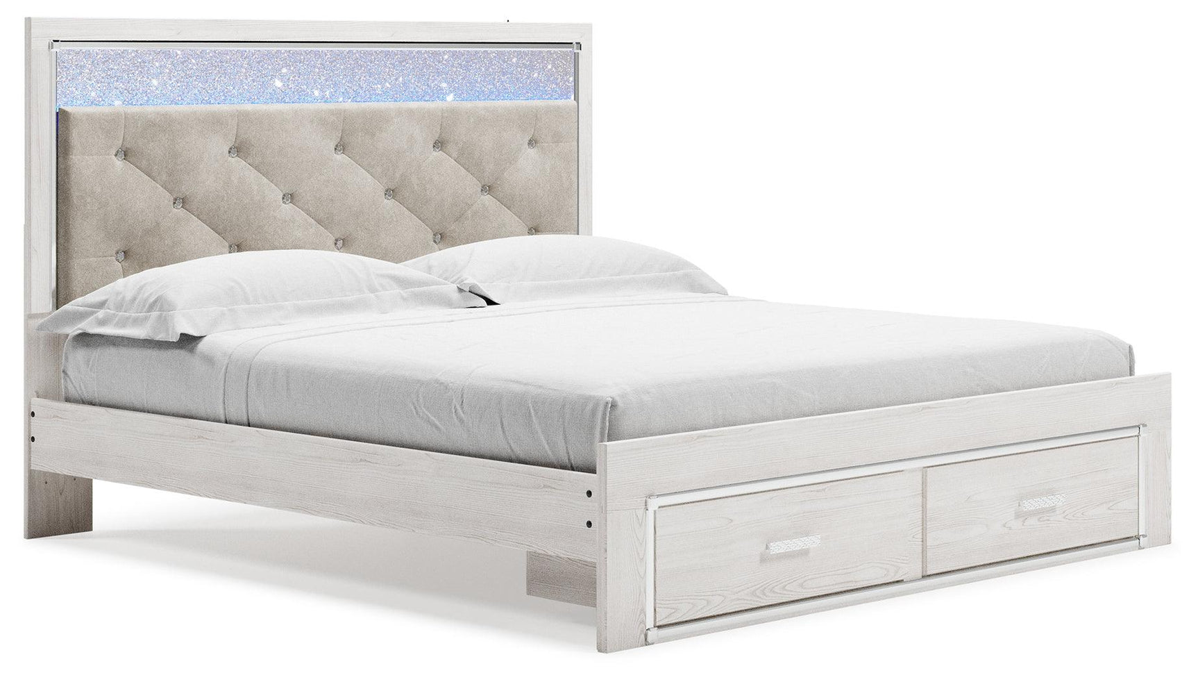 Altyra White King Upholstered Storage Bed angled side