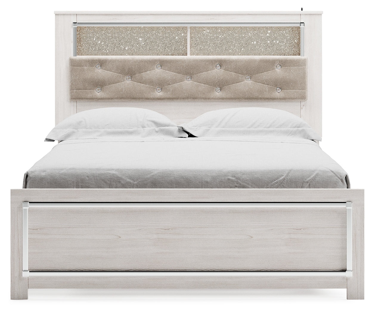 Head-on view of Altyra White Queen Panel Bookcase Bed showcasing button-tufted upholstery and bookcase shelves