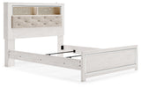 Altyra White Queen Panel Bookcase Bed - close-up of button tufting and chrome accents